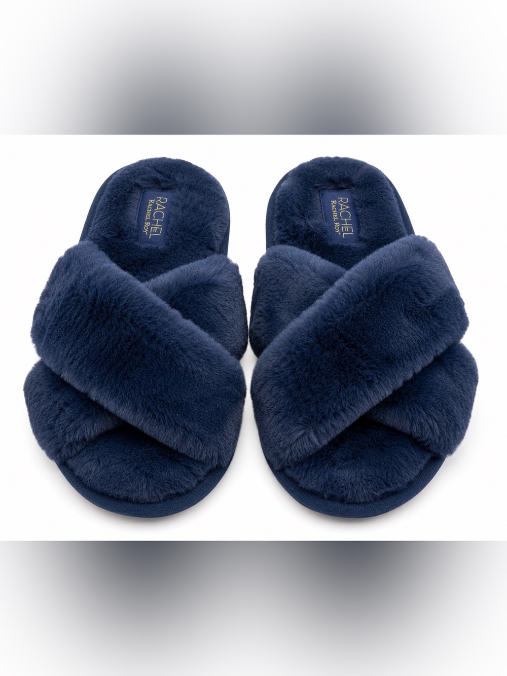 Rachel Rachel Roy Navy Plush Faux Fur Cross Band House Slippers Women’s M 7-8